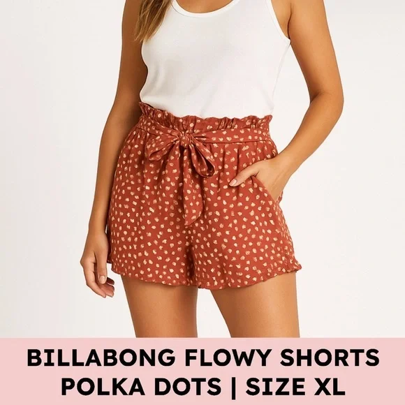 Billabong “Flirt For It” Paperbag Shorts — XL — Henna Rust Dots, Tie-Front - Picture 15 of 15